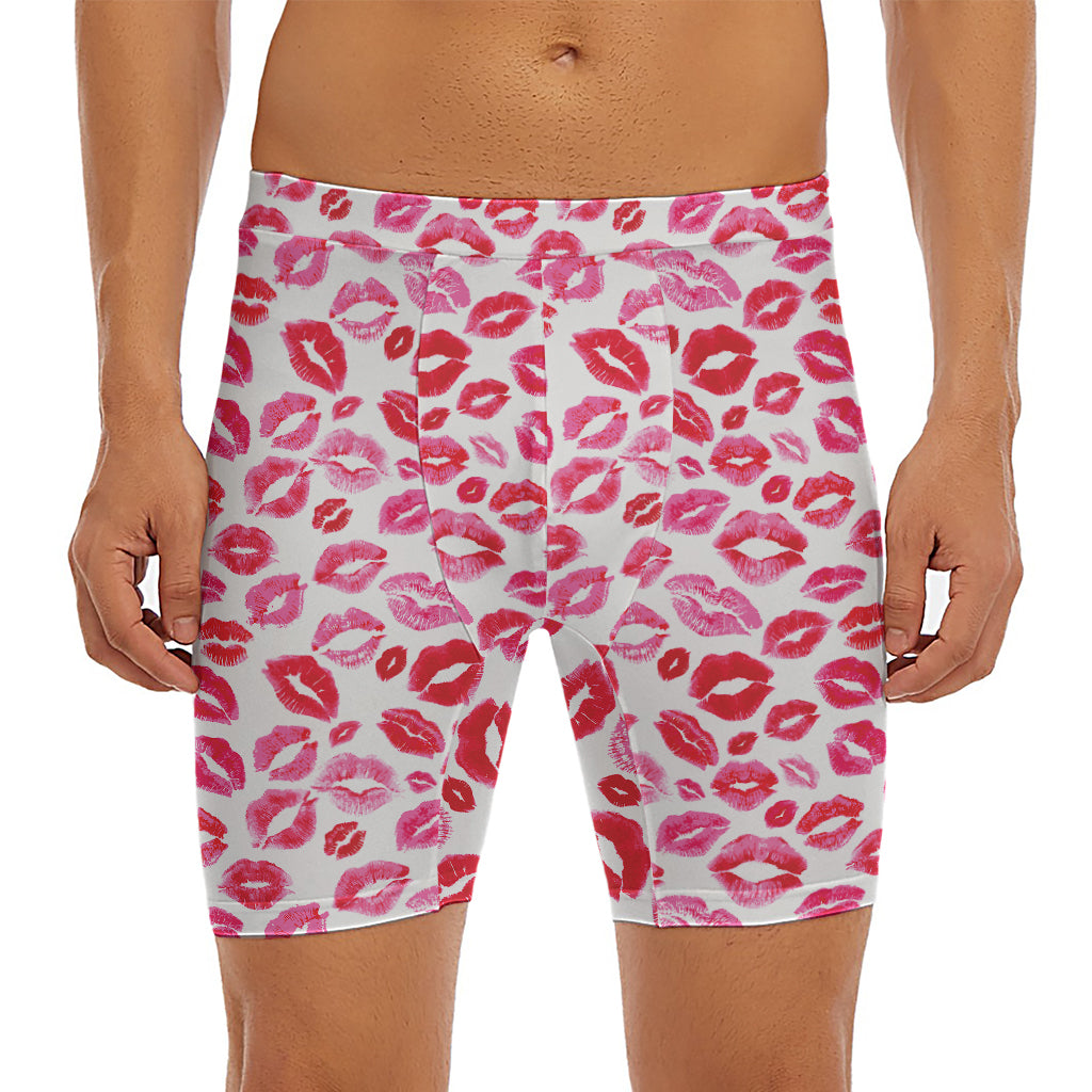 Red And Pink Lips Pattern Print Men's Long Boxer Briefs