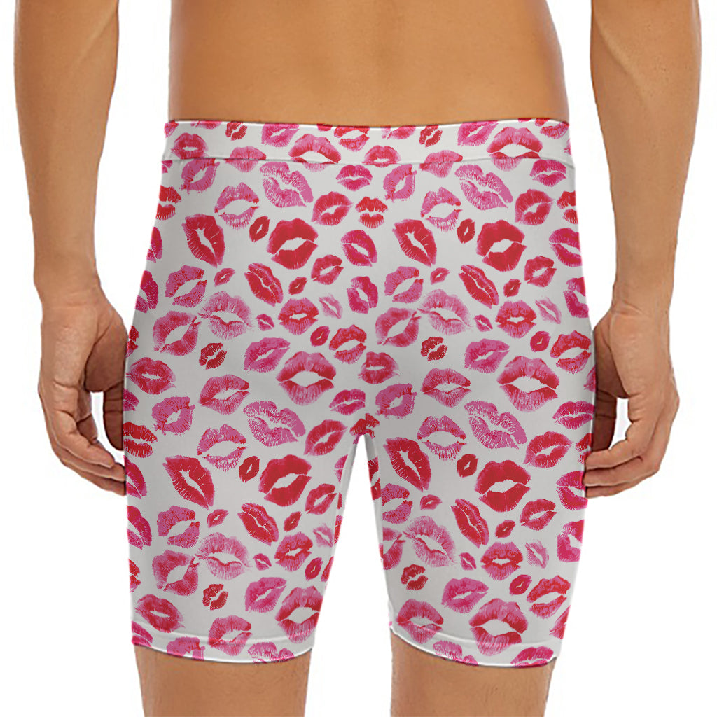 Red And Pink Lips Pattern Print Men's Long Boxer Briefs