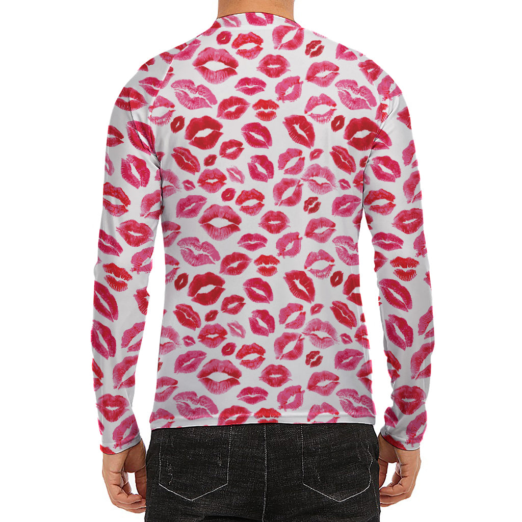 Red And Pink Lips Pattern Print Men's Long Sleeve Rash Guard