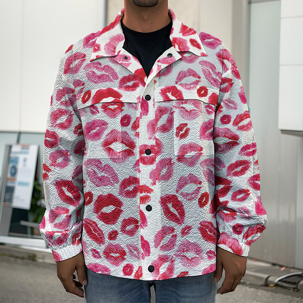 Red And Pink Lips Pattern Print Men's Shirt Jacket