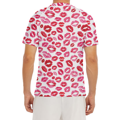 Red And Pink Lips Pattern Print Men's Short Sleeve Rash Guard