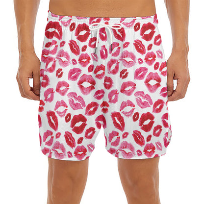 Red And Pink Lips Pattern Print Men's Split Running Shorts
