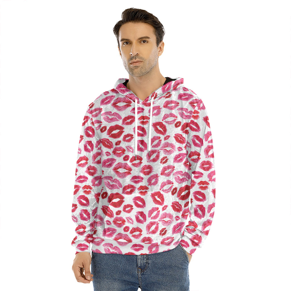 Red And Pink Lips Pattern Print Men's Velvet Pullover Hoodie