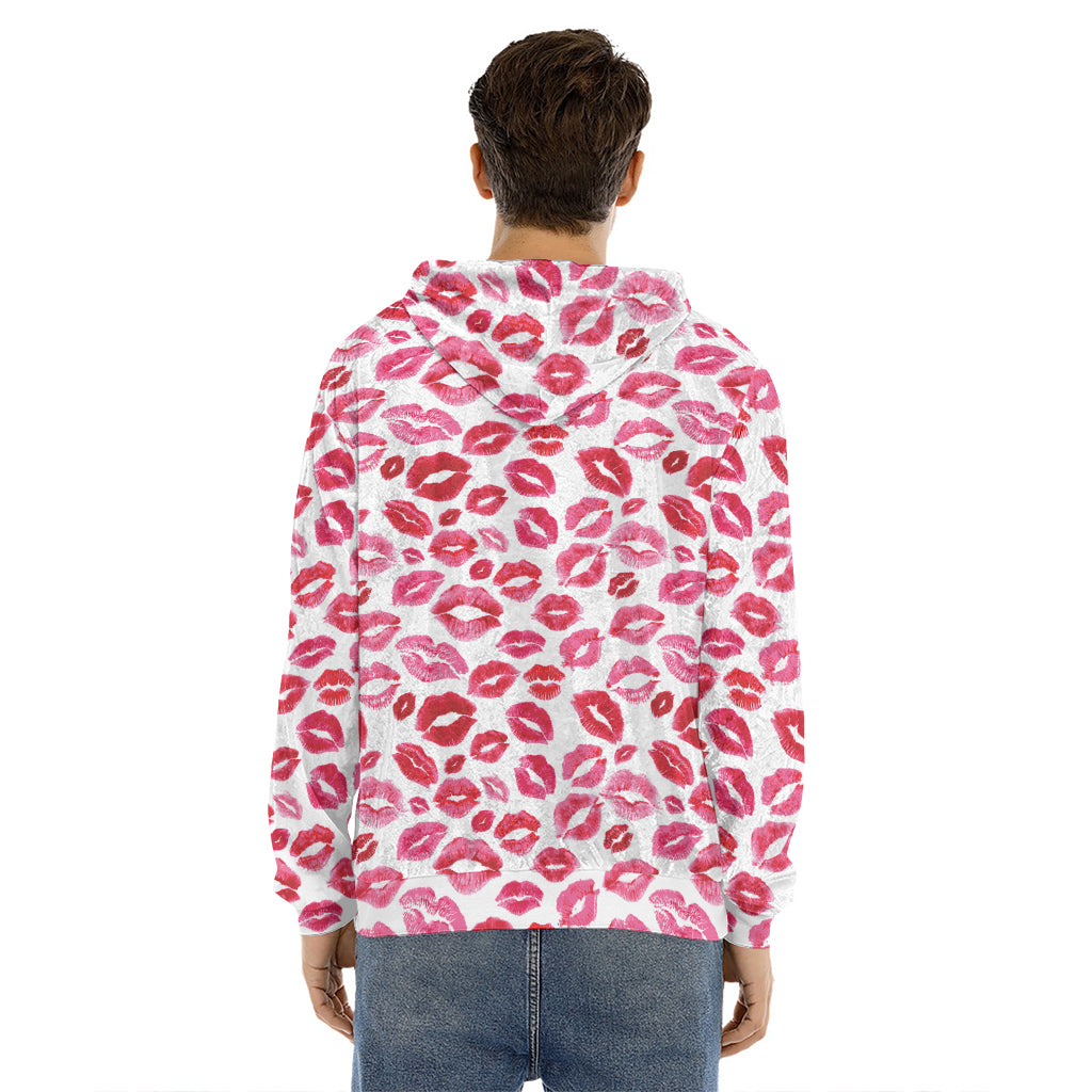 Red And Pink Lips Pattern Print Men's Velvet Pullover Hoodie