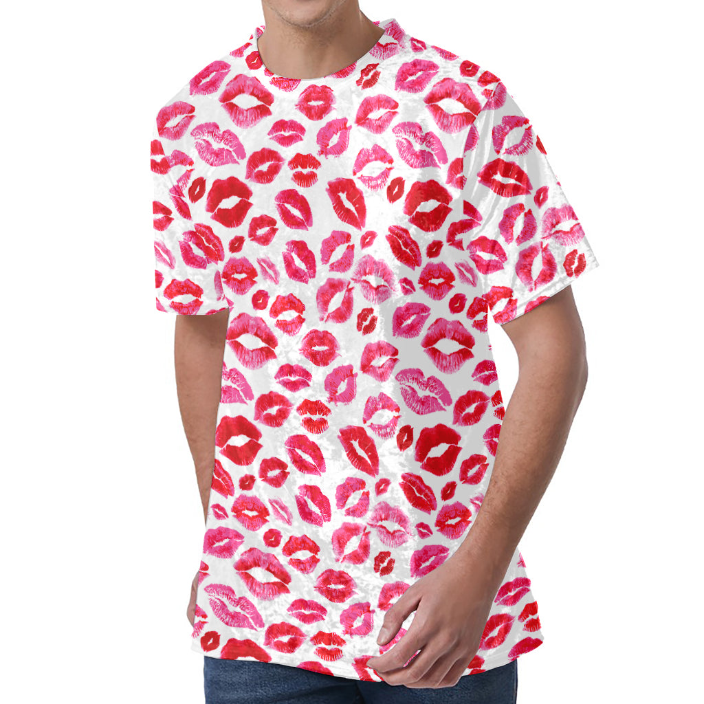 Red And Pink Lips Pattern Print Men's Velvet T-Shirt