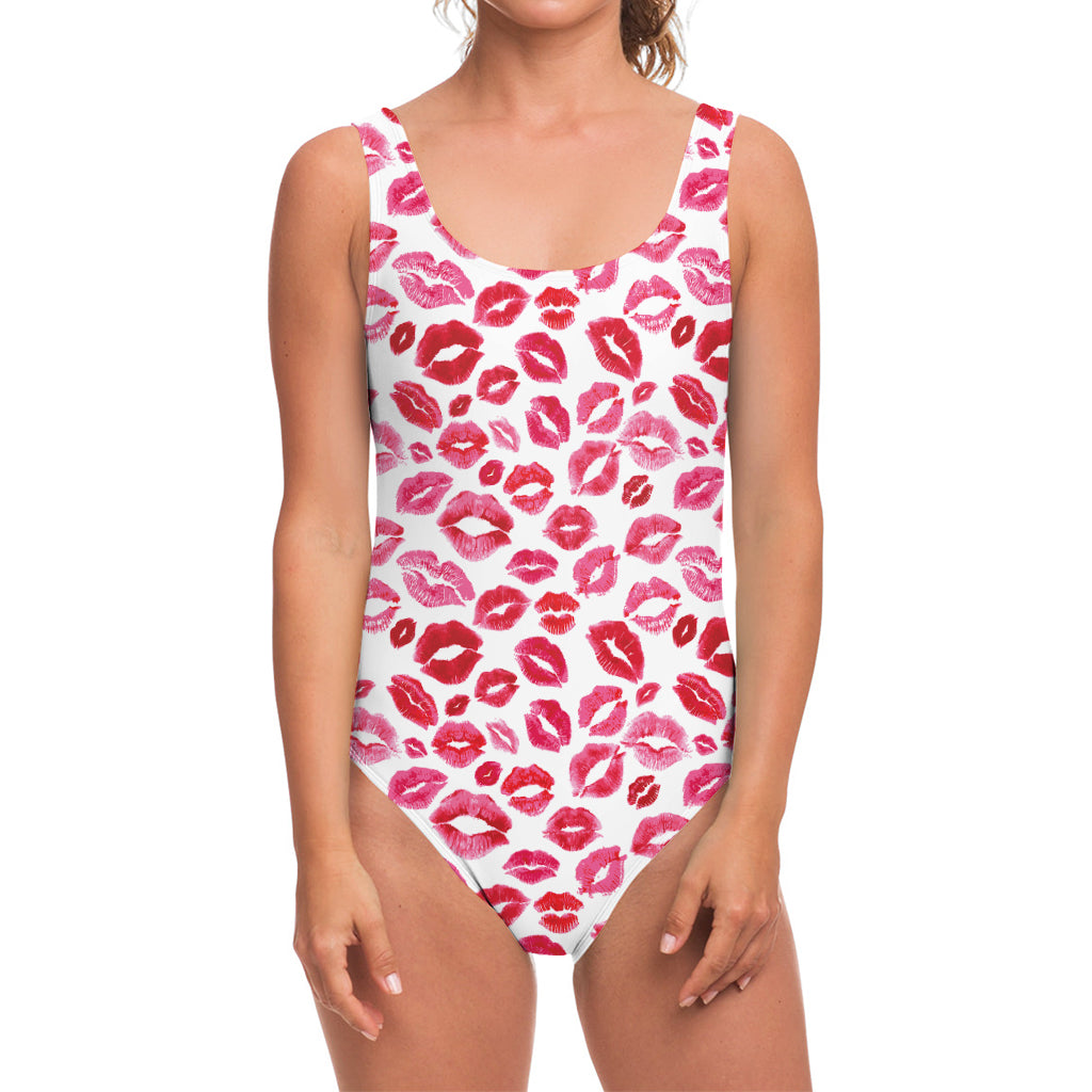 Red And Pink Lips Pattern Print One Piece Swimsuit