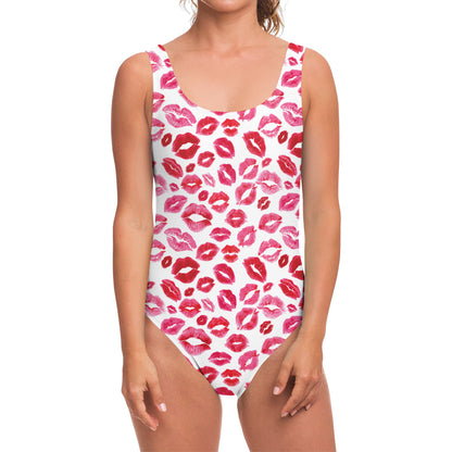 Red And Pink Lips Pattern Print One Piece Swimsuit