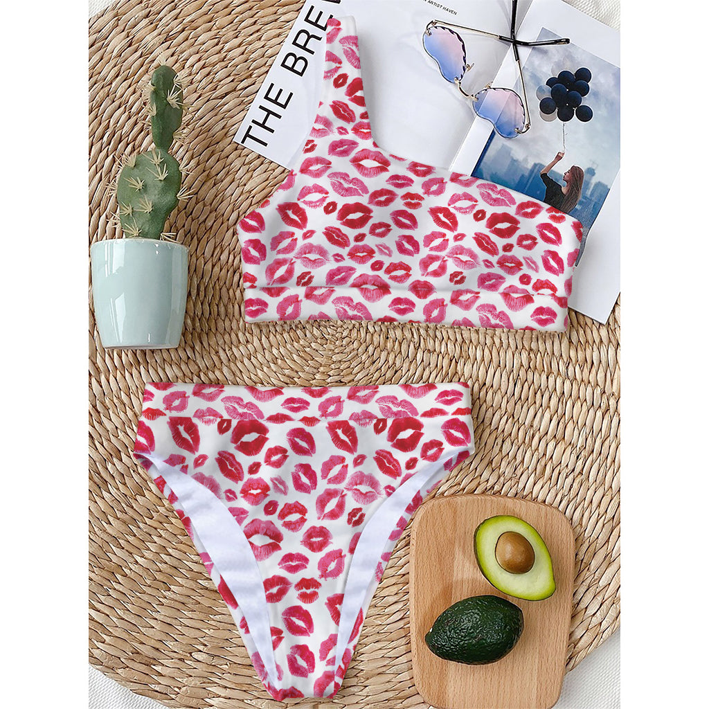 Red And Pink Lips Pattern Print One Shoulder Bikini Top