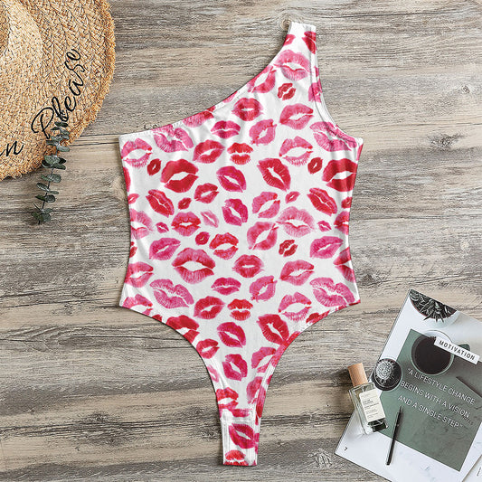 Red And Pink Lips Pattern Print One Shoulder Bodysuit