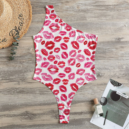 Red And Pink Lips Pattern Print One Shoulder Bodysuit