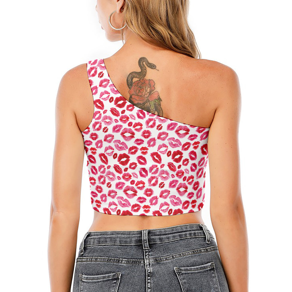 Red And Pink Lips Pattern Print One Shoulder Crop Top