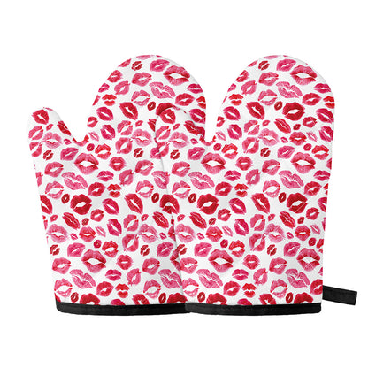 Red And Pink Lips Pattern Print Oven Mitts
