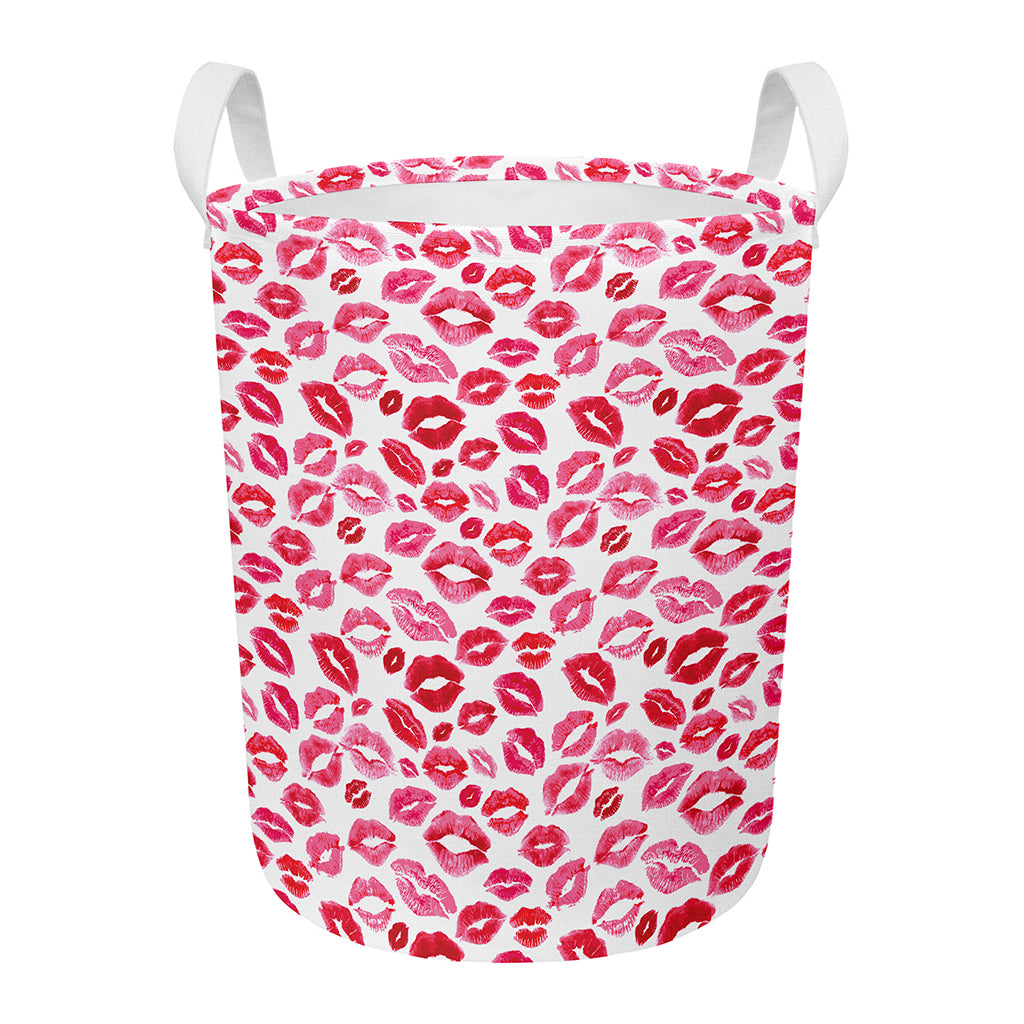 Red And Pink Lips Pattern Print Round Laundry Basket
