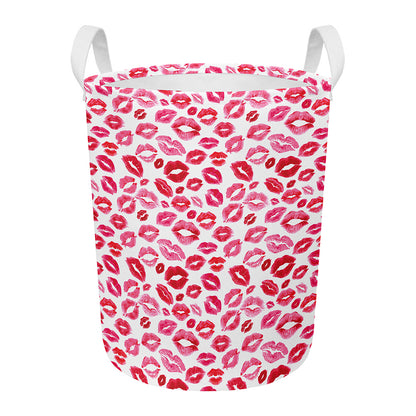 Red And Pink Lips Pattern Print Round Laundry Basket