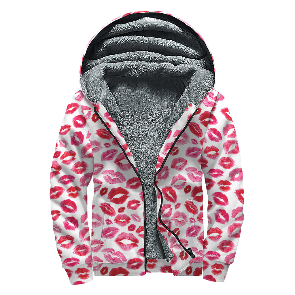 Red And Pink Lips Pattern Print Sherpa Lined Zip Up Hoodie