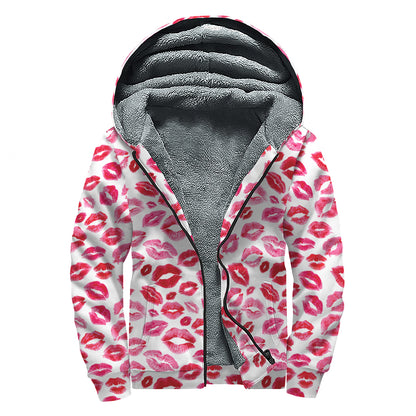 Red And Pink Lips Pattern Print Sherpa Lined Zip Up Hoodie