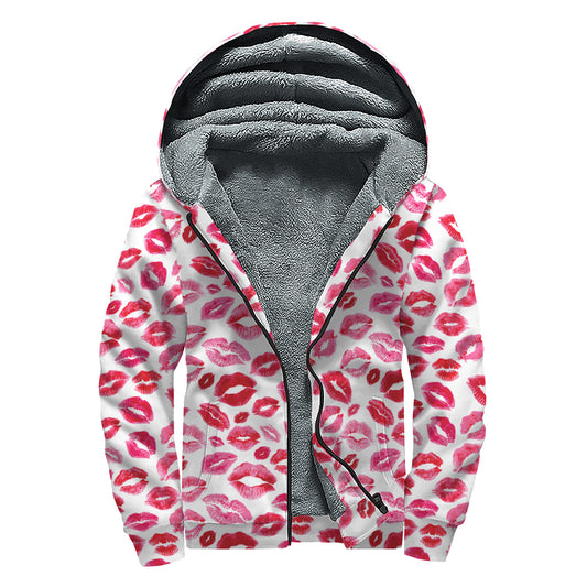 Red And Pink Lips Pattern Print Sherpa Lined Zip Up Hoodie