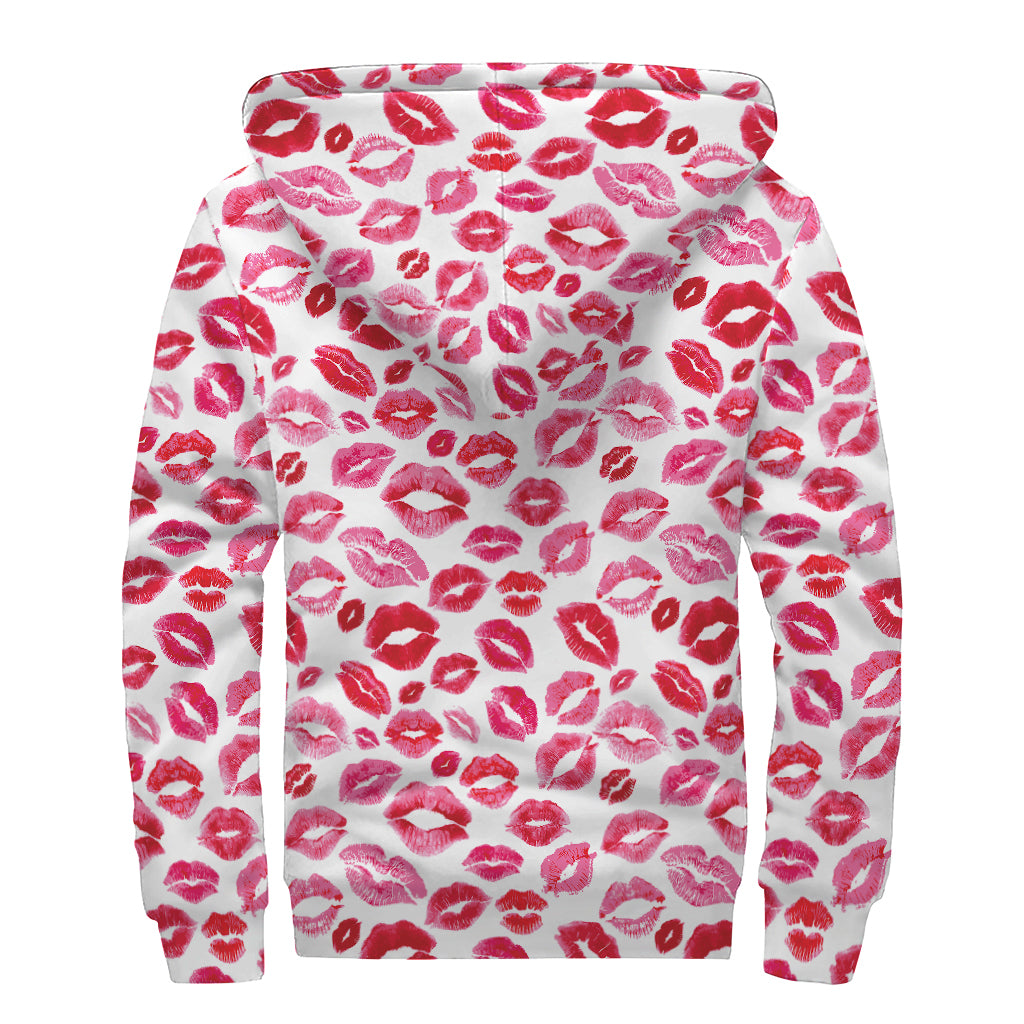 Red And Pink Lips Pattern Print Sherpa Lined Zip Up Hoodie