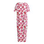 Red And Pink Lips Pattern Print Short Sleeve Long Nightdress