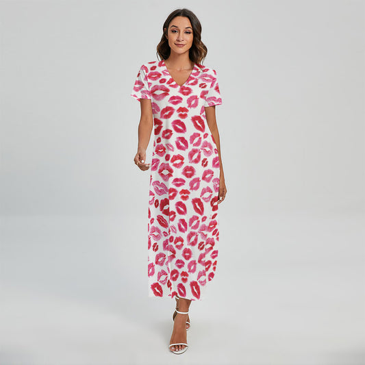 Red And Pink Lips Pattern Print Short Sleeve Maxi Dress