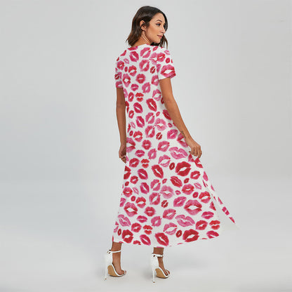 Red And Pink Lips Pattern Print Short Sleeve Maxi Dress
