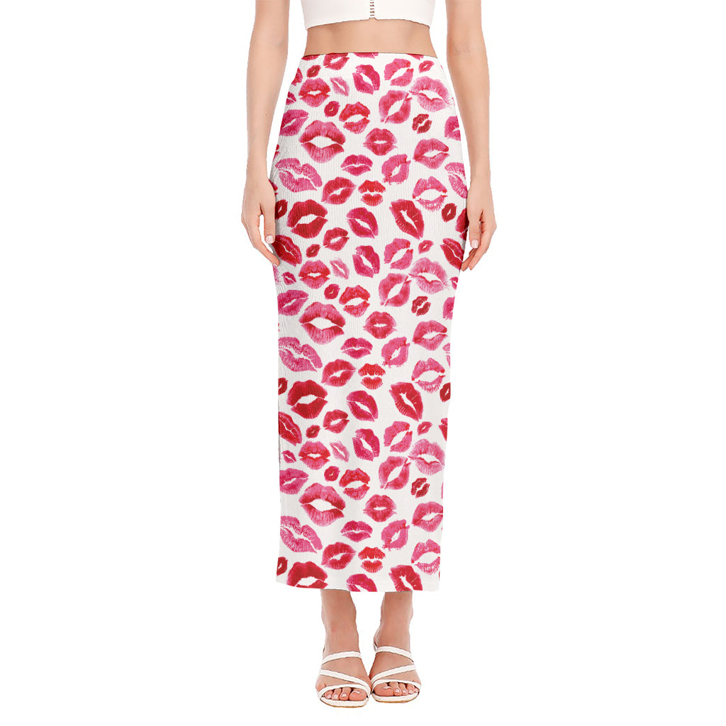 Red And Pink Lips Pattern Print Side Slit Maxi Skirt