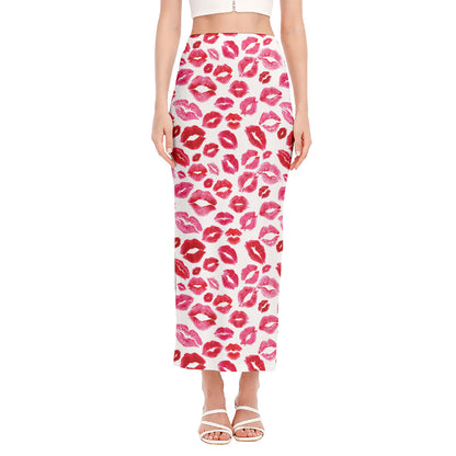 Red And Pink Lips Pattern Print Side Slit Maxi Skirt