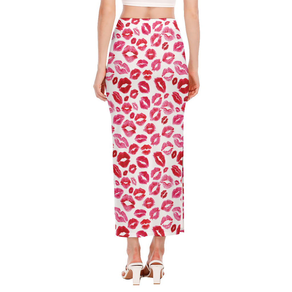 Red And Pink Lips Pattern Print Side Slit Maxi Skirt