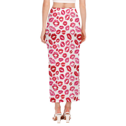 Red And Pink Lips Pattern Print Side Slit Maxi Skirt