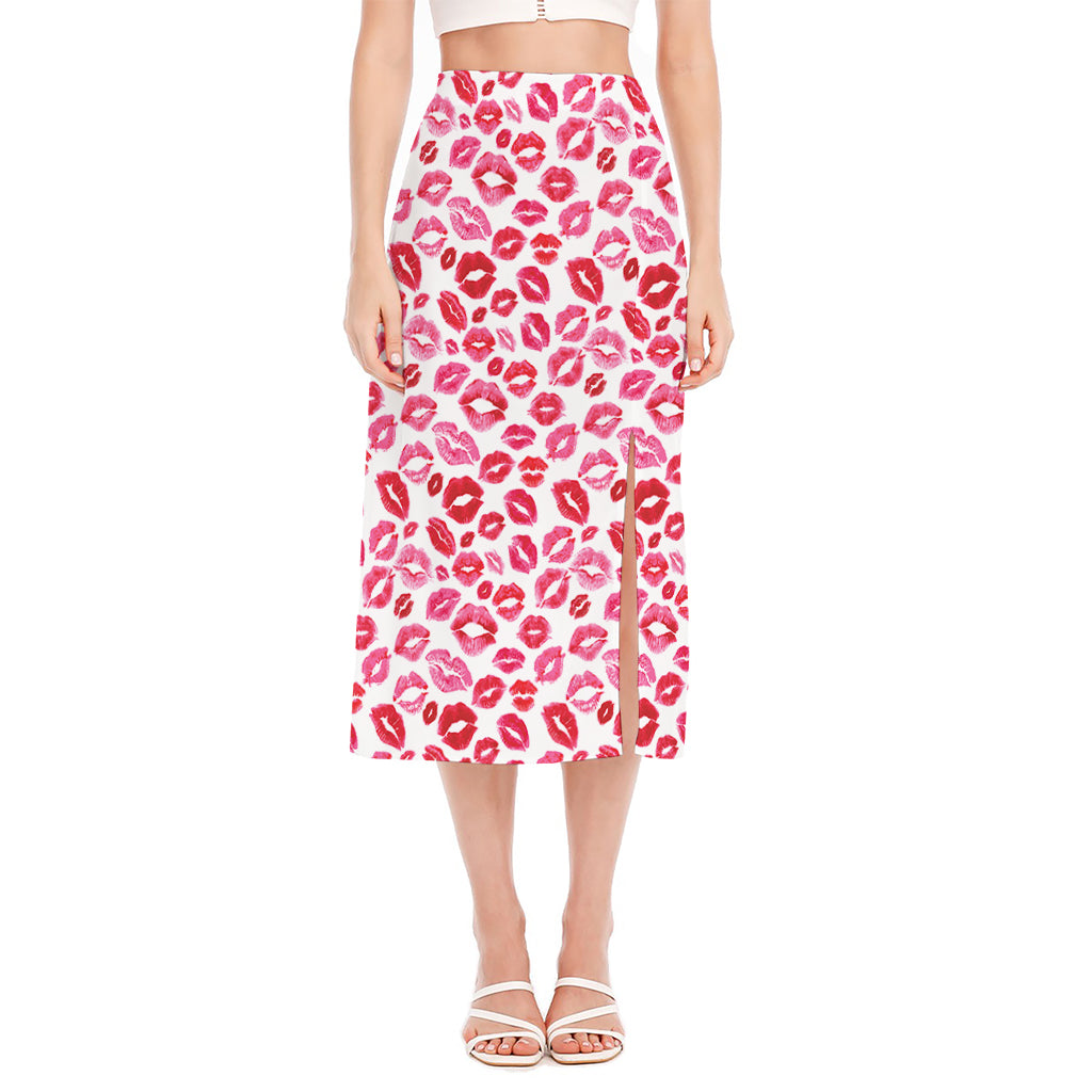 Red And Pink Lips Pattern Print Side Slit Midi Skirt