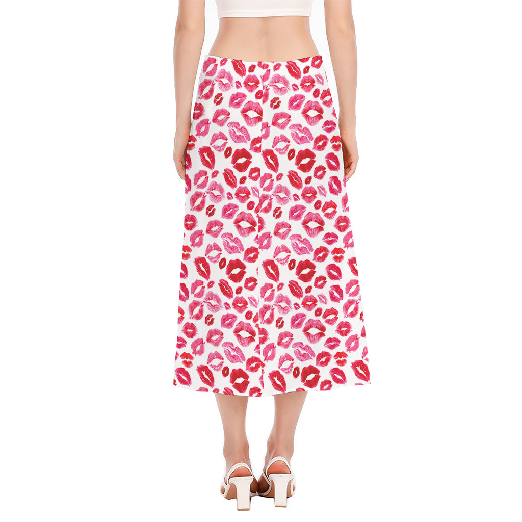 Red And Pink Lips Pattern Print Side Slit Midi Skirt