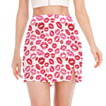 Red And Pink Lips Pattern Print Side Slit Mini Skirt