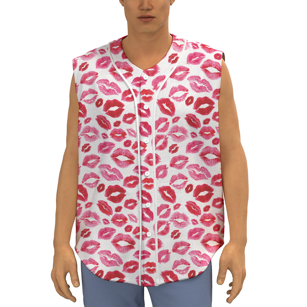 Red And Pink Lips Pattern Print Sleeveless Baseball Jersey