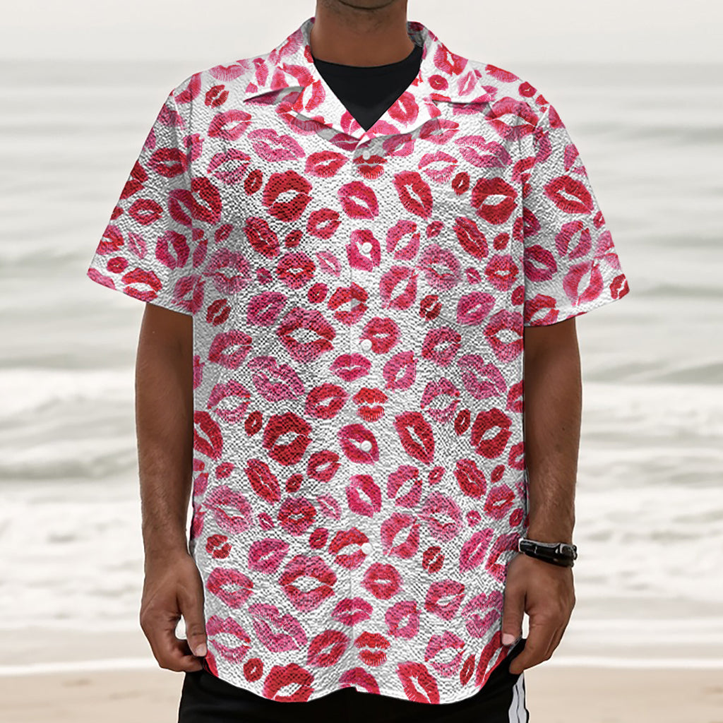 Red And Pink Lips Pattern Print Textured Short Sleeve Shirt