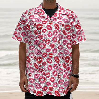 Red And Pink Lips Pattern Print Textured Short Sleeve Shirt