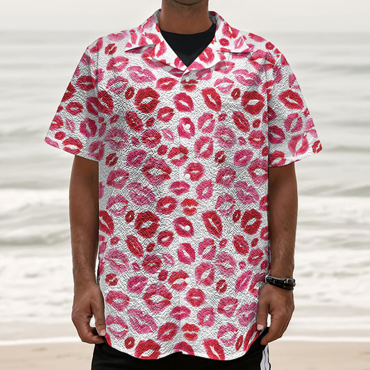 Red And Pink Lips Pattern Print Textured Short Sleeve Shirt