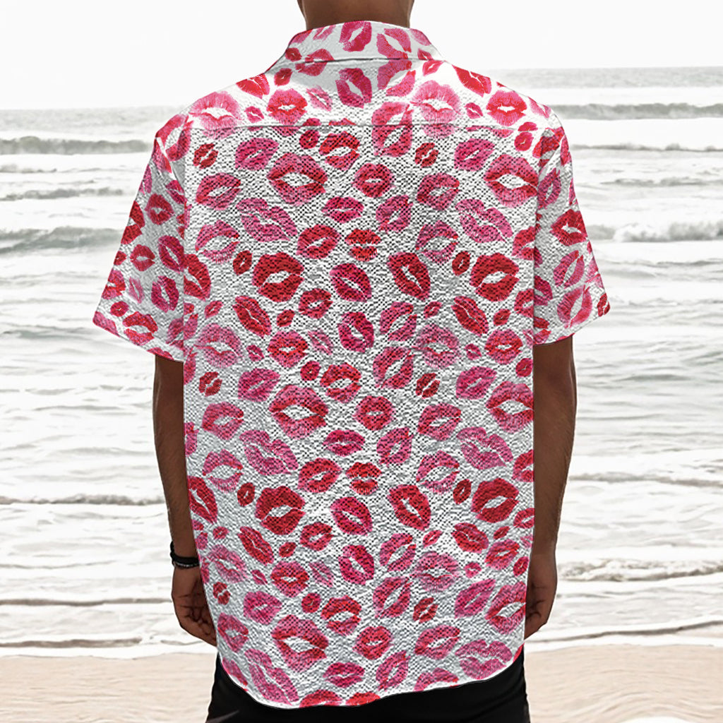 Red And Pink Lips Pattern Print Textured Short Sleeve Shirt