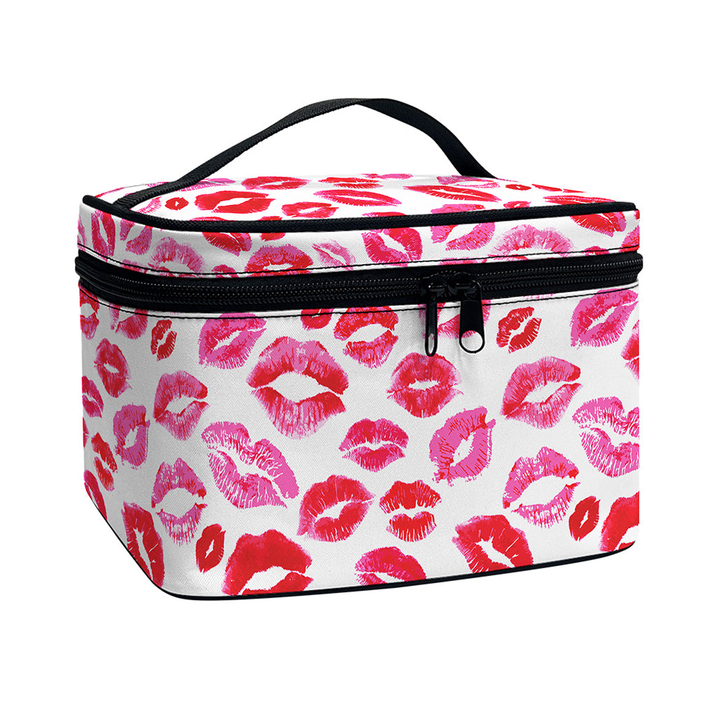 Red And Pink Lips Pattern Print Travel Makeup Bag