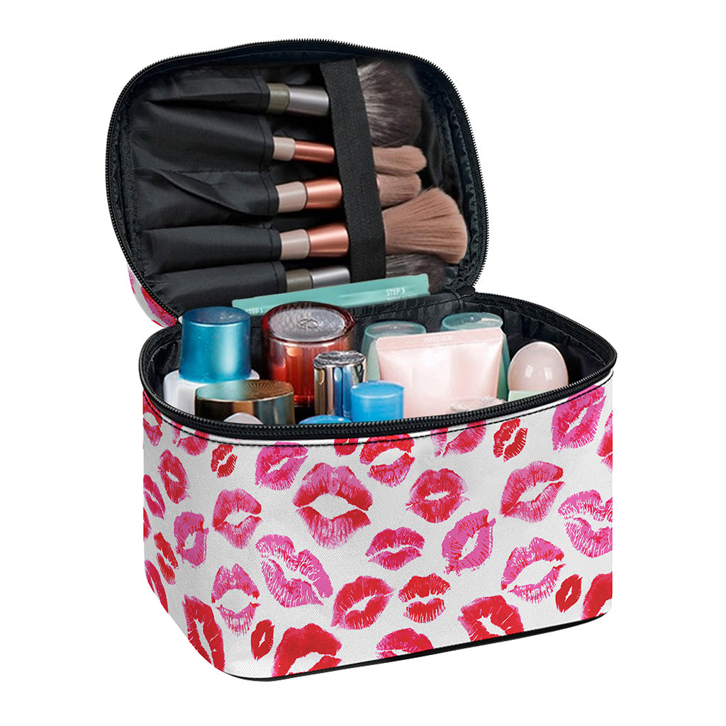 Red And Pink Lips Pattern Print Travel Makeup Bag