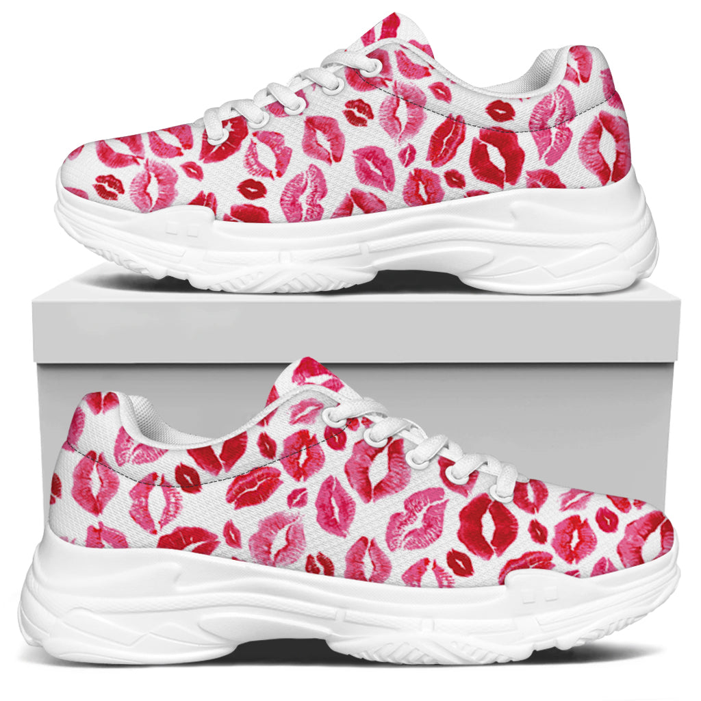 Red And Pink Lips Pattern Print White Chunky Shoes