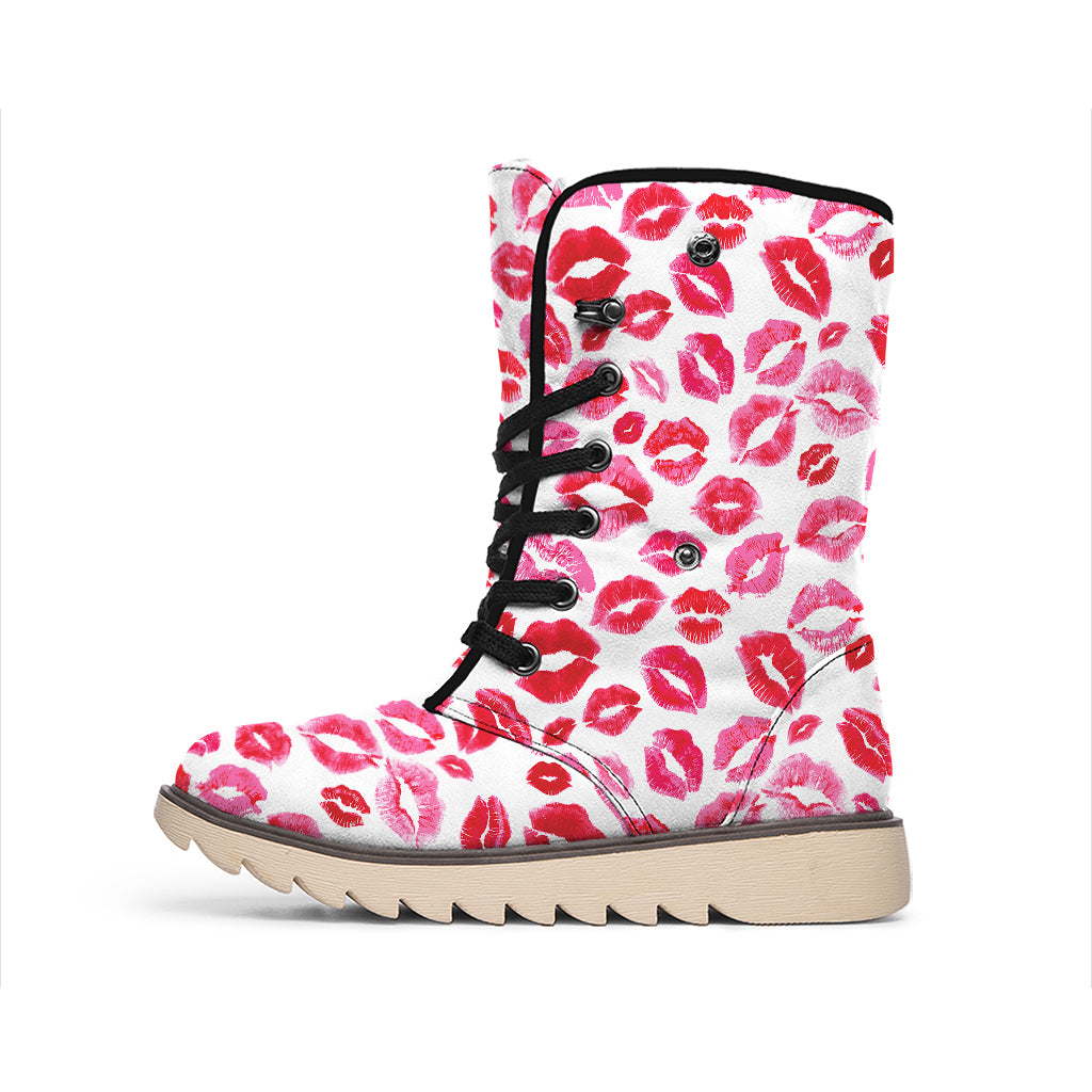 Red And Pink Lips Pattern Print Winter Boots