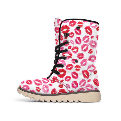 Red And Pink Lips Pattern Print Winter Boots