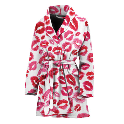 Red And Pink Lips Pattern Print Women's Bathrobe