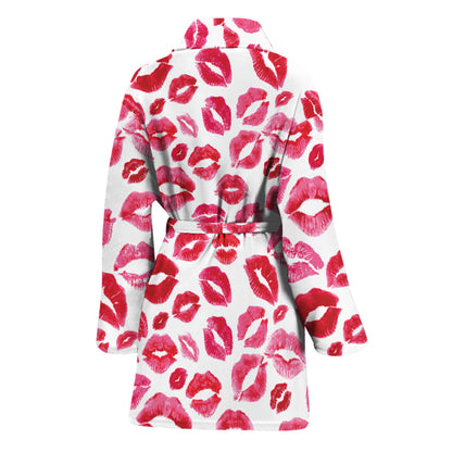 Red And Pink Lips Pattern Print Women's Bathrobe