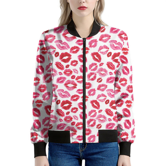 Red And Pink Lips Pattern Print Women's Bomber Jacket