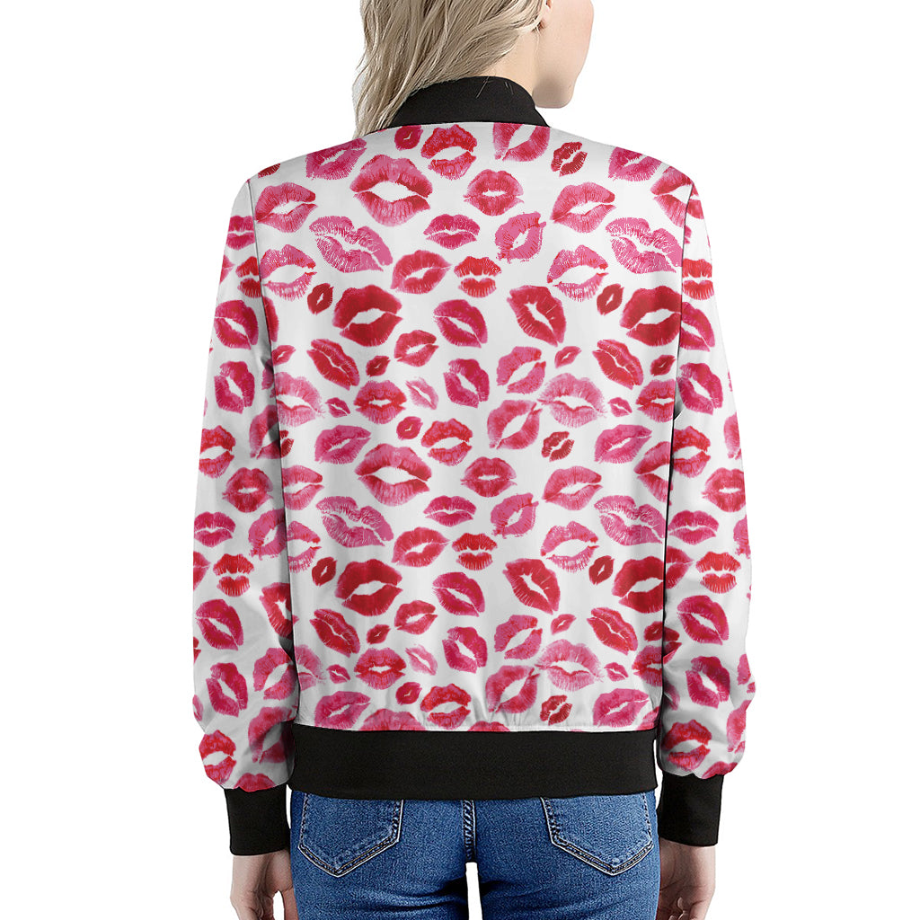 Red And Pink Lips Pattern Print Women's Bomber Jacket
