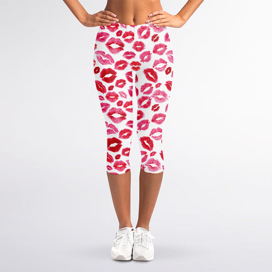 Red And Pink Lips Pattern Print Women's Capri Leggings