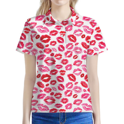Red And Pink Lips Pattern Print Women's Polo Shirt