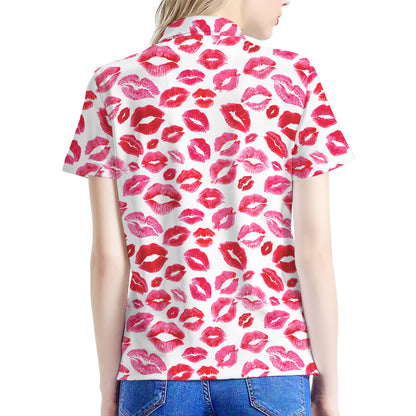 Red And Pink Lips Pattern Print Women's Polo Shirt