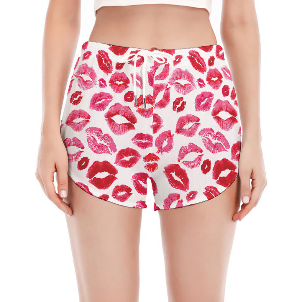 Red And Pink Lips Pattern Print Women's Split Running Shorts